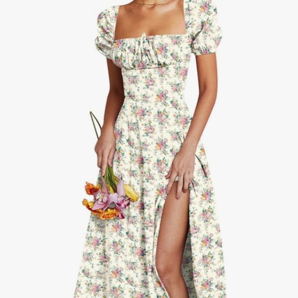 Linsery Women's Puff Sleeve Floral Maxi Dress Elegant Square Neck Cottagecore Bo - Picture 1 of 4